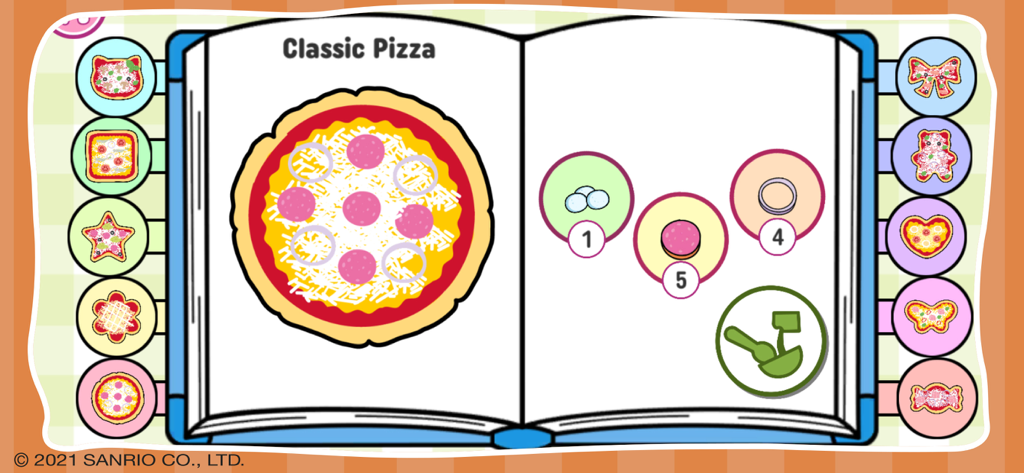 Hello Kitty: Supermarket Game - A virtual cookbook in the Hello Kitty Supermarket Game showing a classic pizza recipe with required ingredients and portions.