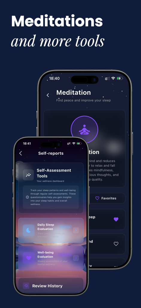 Epicnap: Sleep Procrastination - Two iPhone screens from the Epicnap app displaying meditation options and daily sleep self-assessment tools.