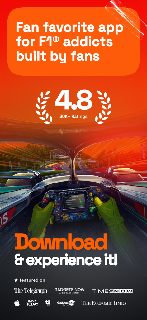 Bannière promotionnelle de l'application Box Box Club montrant une note de 4,8 étoiles et une illustration de cockpit de voiture de Formule 1.