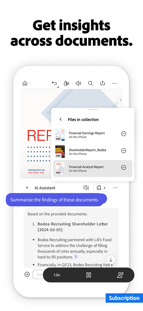 Adobe Acrobat Reader 앱이 여러 비즈니스 문서에 대한 통찰력을 요약하는 AI 도우미를 보여줌