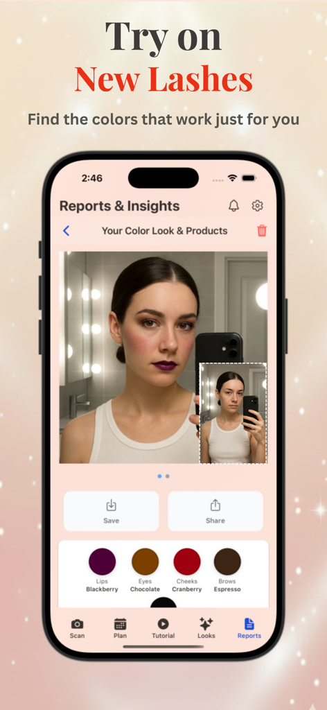 Makeup Check AI - AI Makeup - Una captura de pantalla de la aplicación Makeup Check AI que muestra un informe de look de color personalizado con recomendaciones de tonos específicos para labios, ojos y mejillas.