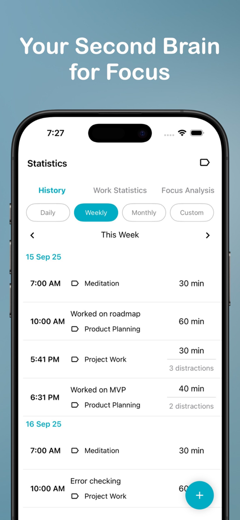 Engross: ADHD Focus Timer - A mobile interface displaying a daily history of focused tasks meditation sessions and distraction tracking in the Engross app