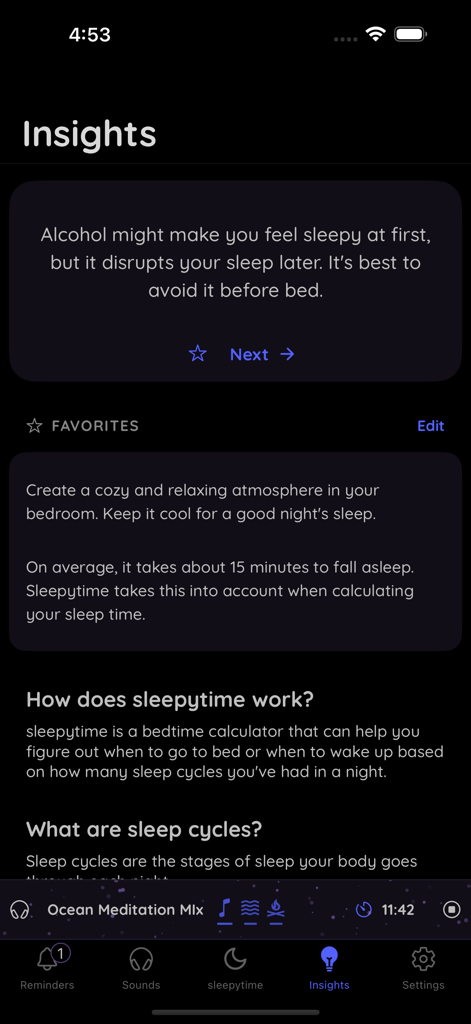 sleepytime calculator - Sleepytime Calculator app insights screen featuring sleep hygiene tips and explanations of sleep cycles in a dark mode interface.