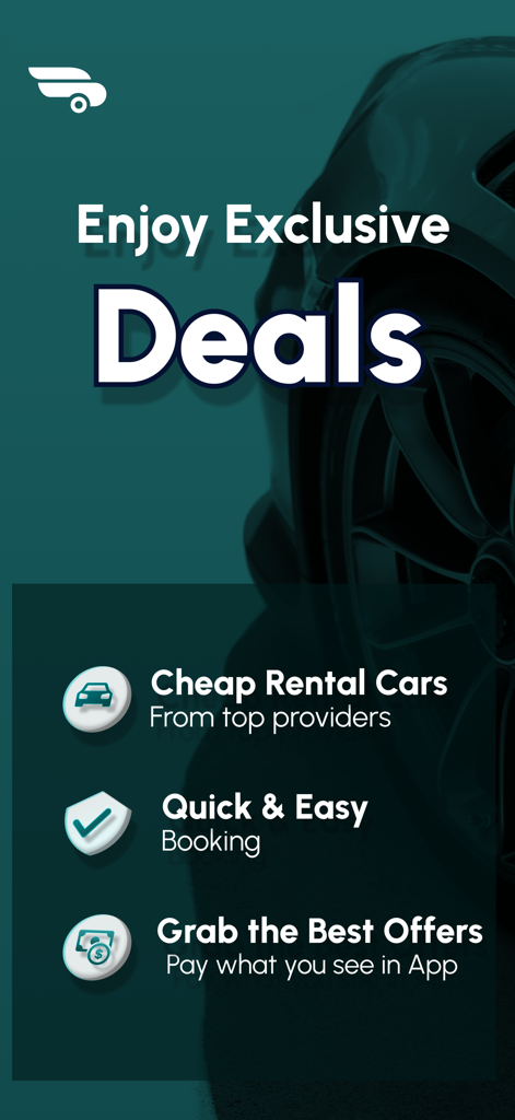 Rental cars app - Schermata promozionale per l'app Noleggio Auto che evidenzia offerte esclusive e opzioni di prenotazione convenienti