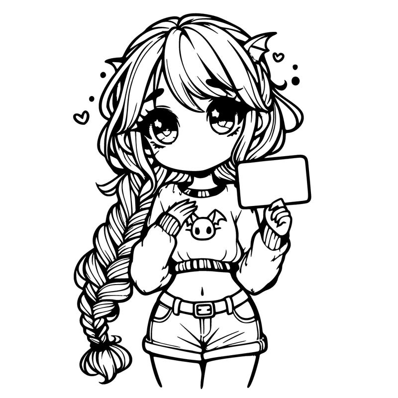 girl with dragon braids. dreamy eyes. holding a sign to her chest. sweater with cat logo. shows a bit of belly with jean shorts and shoes.