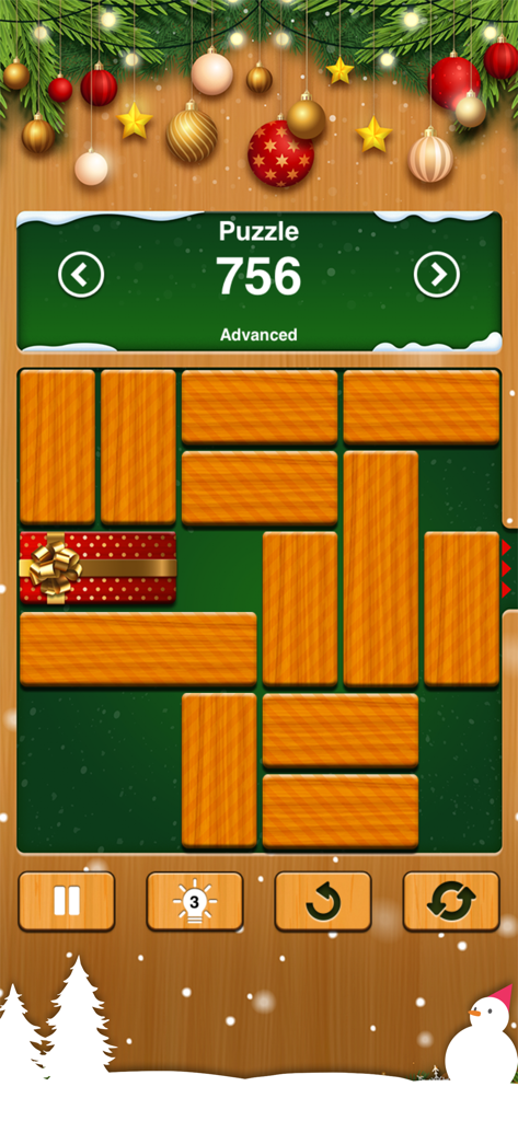 Unblock Me - A wooden block puzzle from the Unblock Me game featuring a festive Christmas theme with ornaments and snow