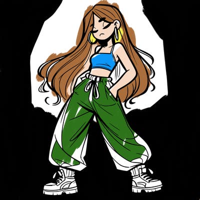 girl in baggy pants crop top and long hair