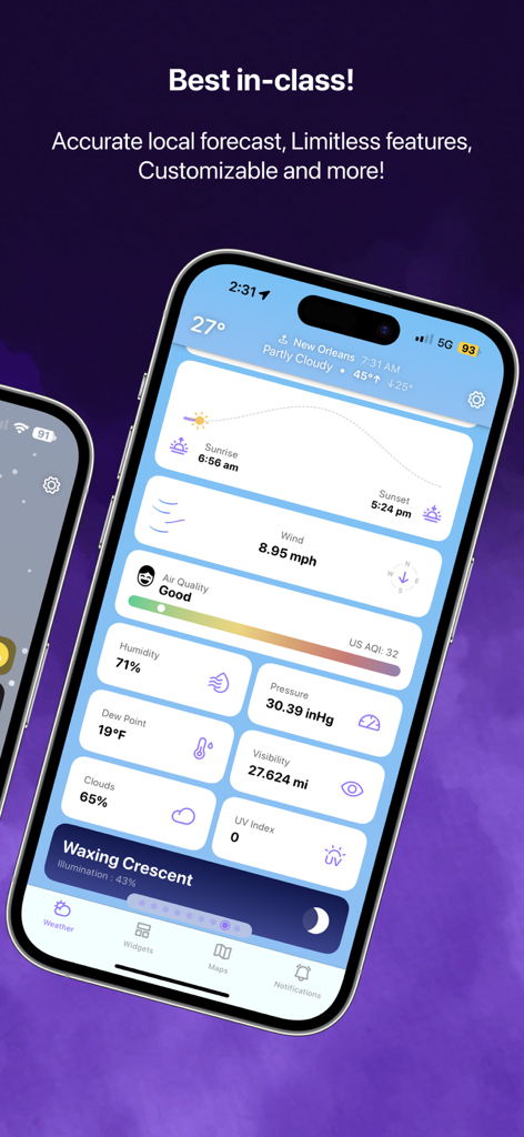 HeyWeather app interface showing detailed local forecast data and customizable widgets