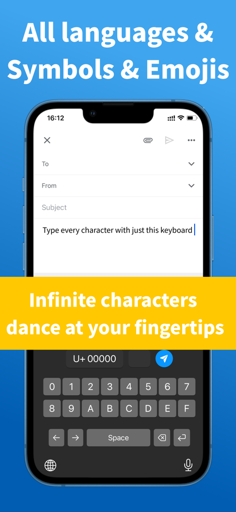 A smartphone displaying the Unicode Keyboard interface with hexadecimal keys for typing special characters and symbols