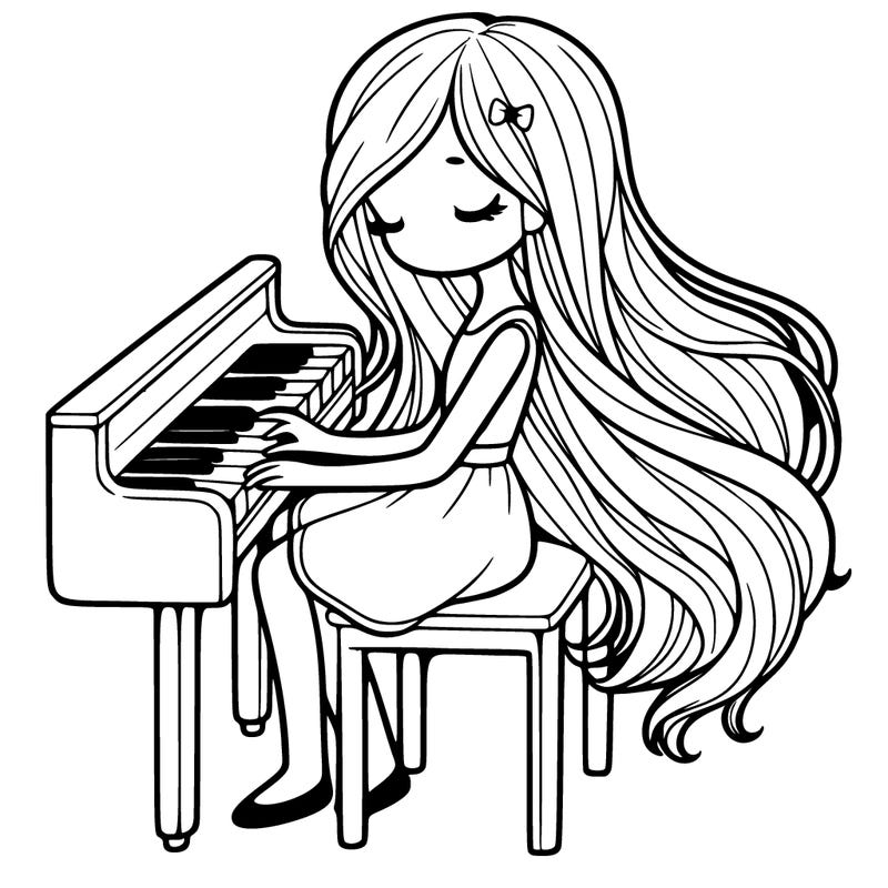 a girl sitting on a piano with long flowy hair