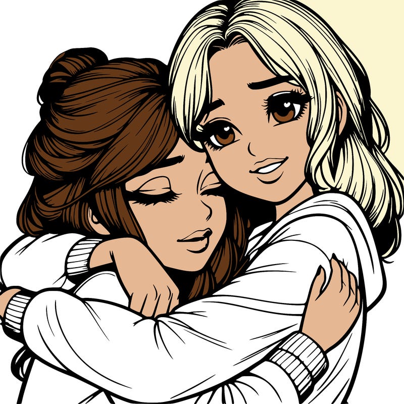 realistic 2 girls hugging each other