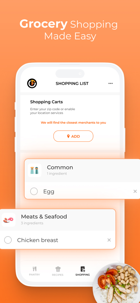Foodiaz - Foodiaz app shopping list interface showing categorized grocery items like chicken breast and eggs with location based merchant search