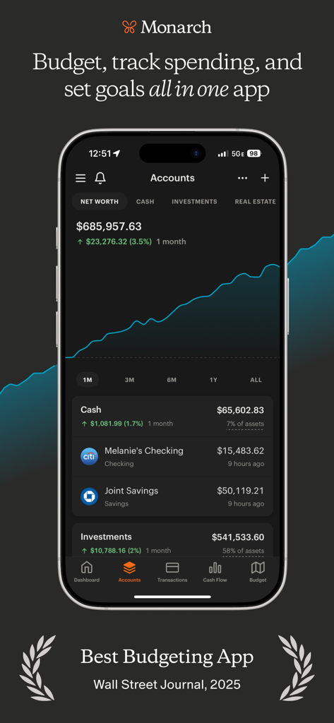 Monarch: Budget & Track Money - The Monarch Money app interface displaying a net worth growth chart and categorized financial accounts