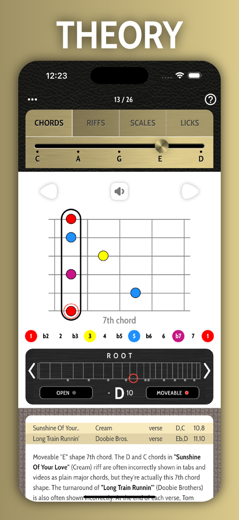 Ein visuelles Gitarrengriffbrettdiagramm, das einen Septakkord mit Musiktheorie-Bezeichnungen und Songbeispielen zeigt.