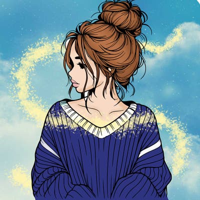 realistic girl wearing a messy bun and an oversized sweater