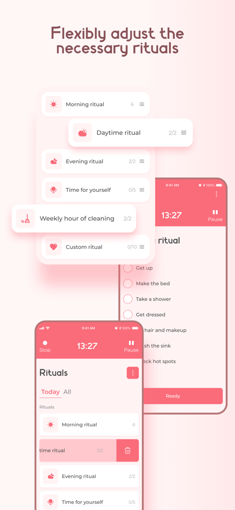 Interface do aplicativo LadyFly mostrando rituais domésticos personalizáveis e listas de tarefas diárias