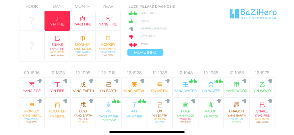 Detailed BaZi luck pillars diagnosis and four pillars chart in the BaZi Hero app