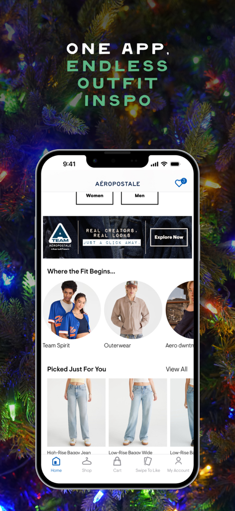 Aeropostale app home screen featuring personalized teen fashion recommendations and outfit inspiration.