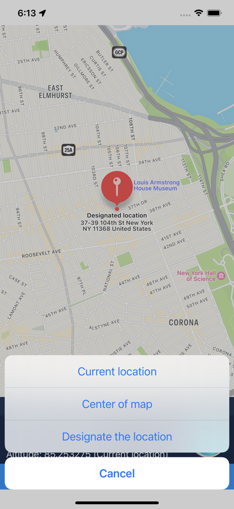 iLocation plus app showing a map interface with options to select or designate a location pin