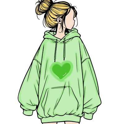realistic girl with a oversized sweatshirt on and a bun