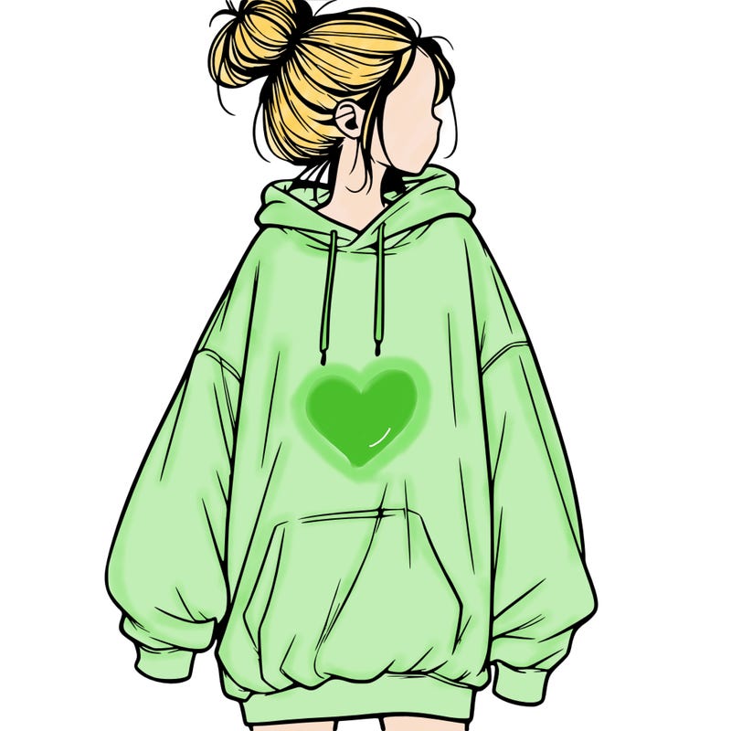 realistic girl with a oversized sweatshirt on and a bun