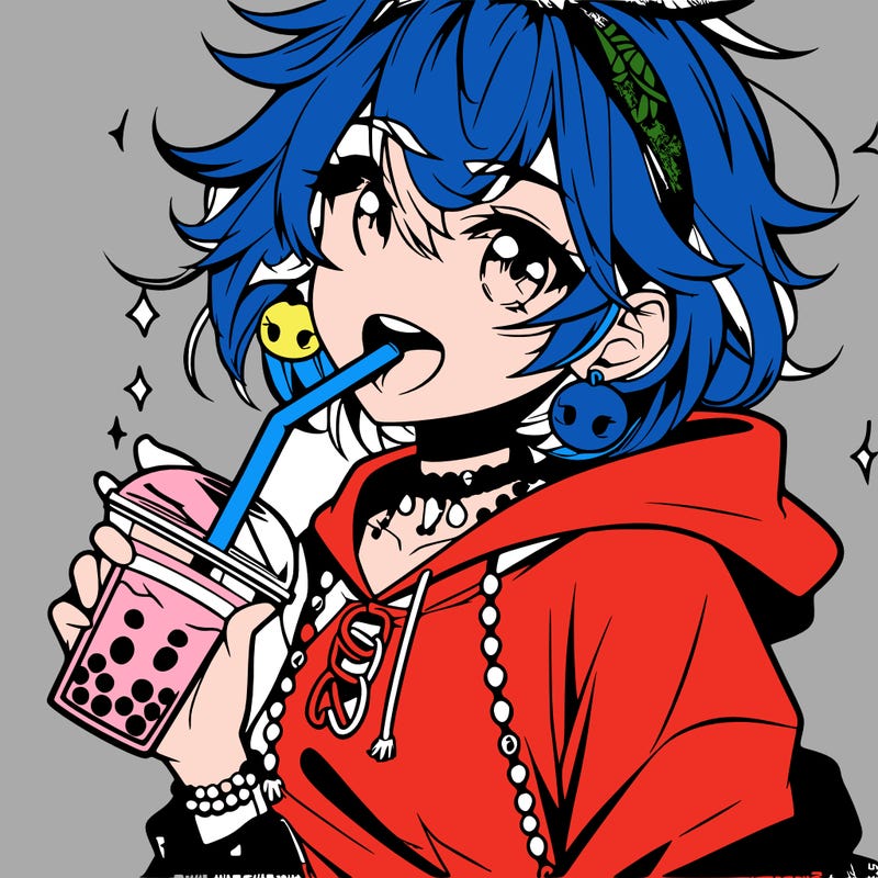 hot baddie anime girl drinking boba and biting the straw