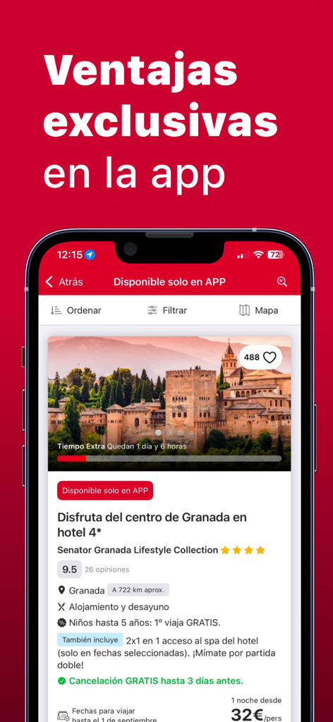 Interface do aplicativo BuscoUnChollo destacando barganhas de viagem exclusivas para um hotel em Granada, Espanha