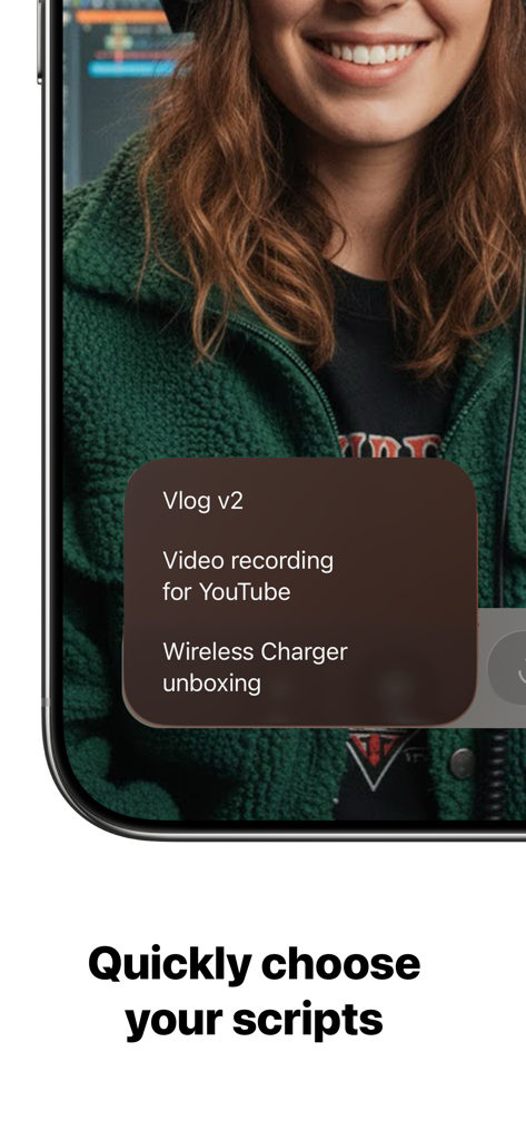 TeleFlow - TeleFlow mobile app interface showing a script selection menu with options like Vlog v2 and YouTube video recording