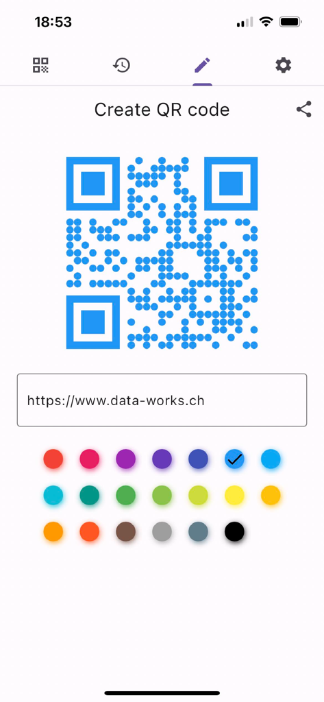 QR Code Scanner - Smart Scan - Mobile app screen for creating a custom blue QR code with various color options