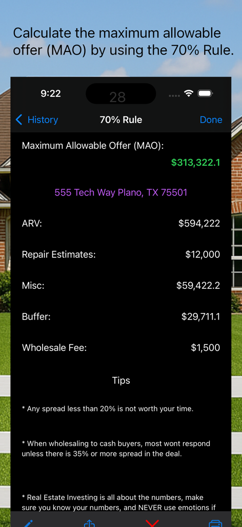 House Flip Analysis - House Flip Analysis app displaying the 70 percent rule calculator for property investment