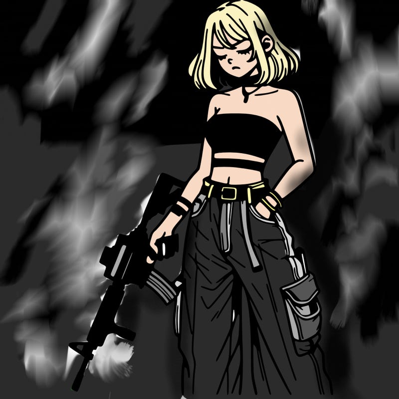 a dangerous girlcrop top and baggy jeans with a rifle in her hand