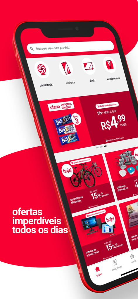Americanas: Compras Online - Americanasショッピングアプリインターフェース、毎日のオファーと製品カテゴリを表示