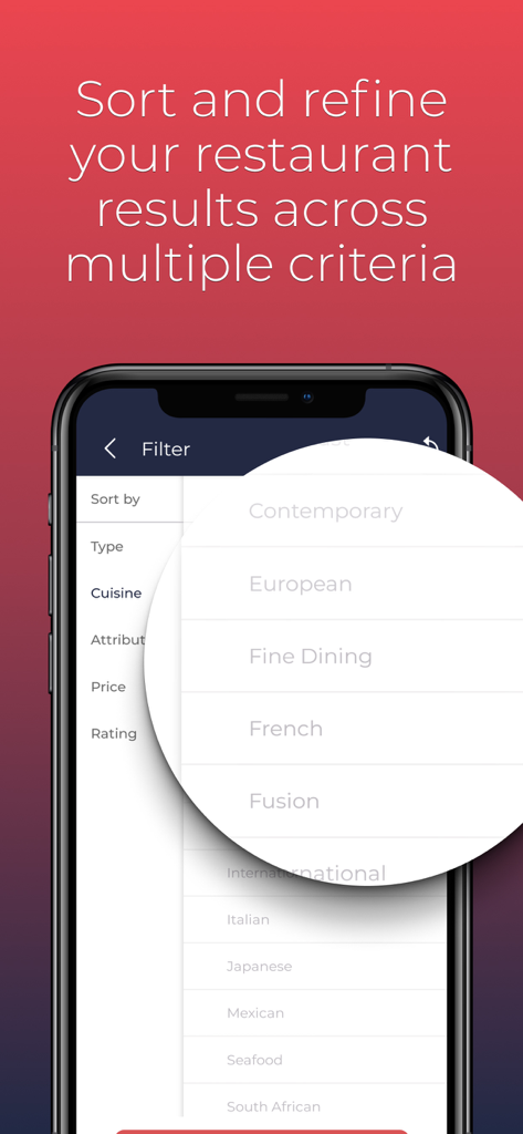 Dineplan mobile app interface showing restaurant filter options including cuisine types like Fine Dining and European.