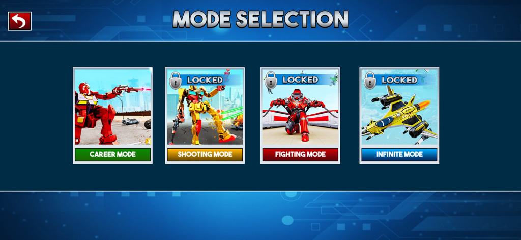 Mode selection screen for Car Transform Robot Games showing Career Shooting Fighting and Infinite modes