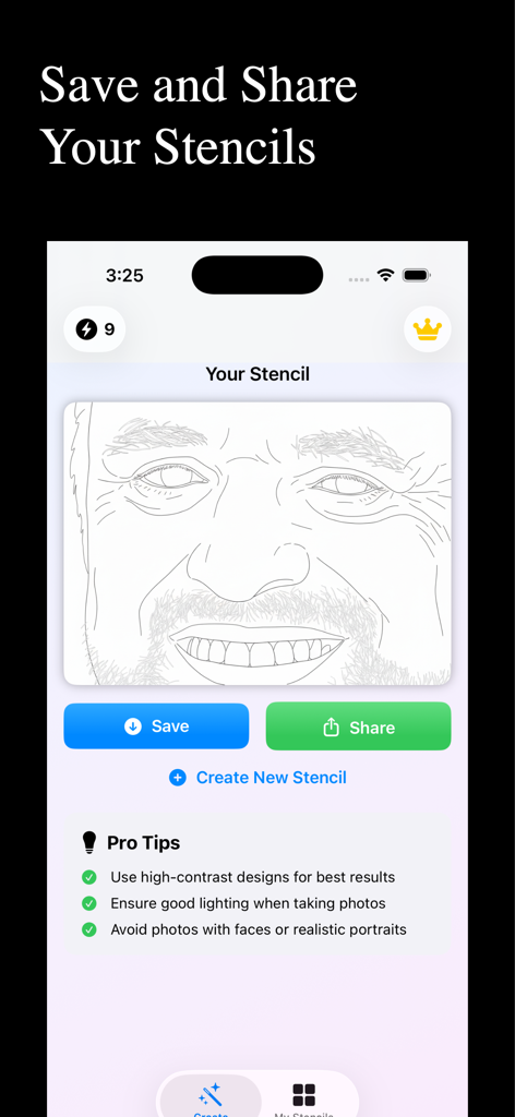 Stencil AI : Tattoo AI - Mobile App-Oberfläche, die eine generierte Tattoo-Schablone mit Schaltflächen zum Speichern und Teilen des Designs zeigt
