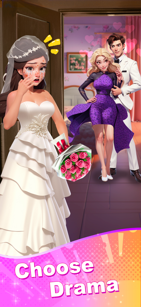 Sara's Secret : Merge&Makeover - A dramatic game scene from Saras Secret showing a crying bride and the text Choose Drama.