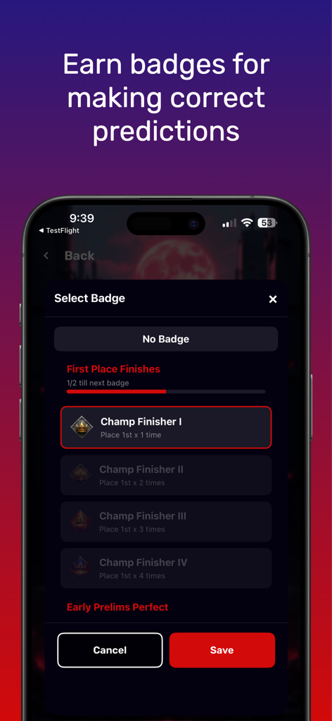 MMA Fantasy - MMA Fantasy app interface showing collectible badges for correct fight predictions.