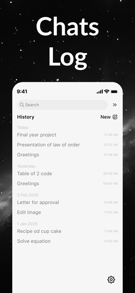 AI Chat Bot - Ask AI Universe - Interface showing the chat history log of the AI Chat Bot app with various conversation topics like coding and projects