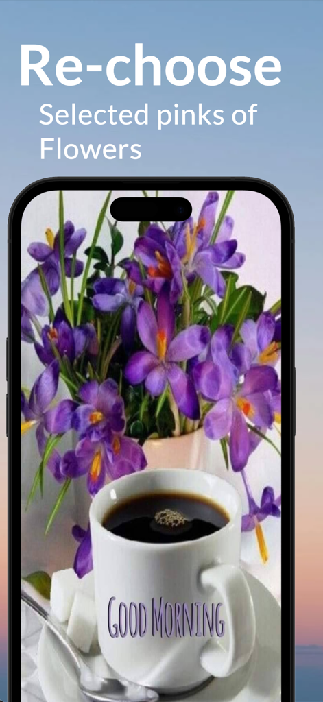 Good Morning Flowers - A cup of coffee with Good Morning text next to a bouquet of purple flowers