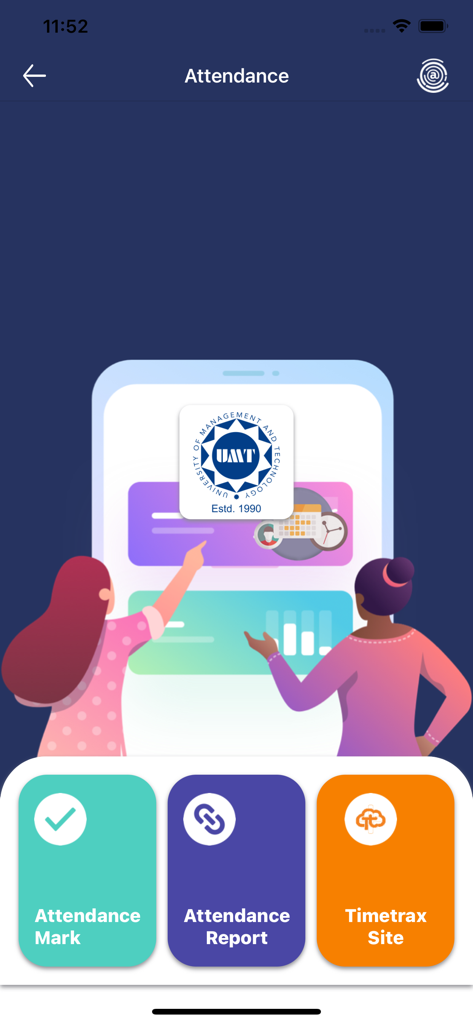 myUMT - A mobile app screen for myUMT displaying attendance features like marking attendance and viewing reports