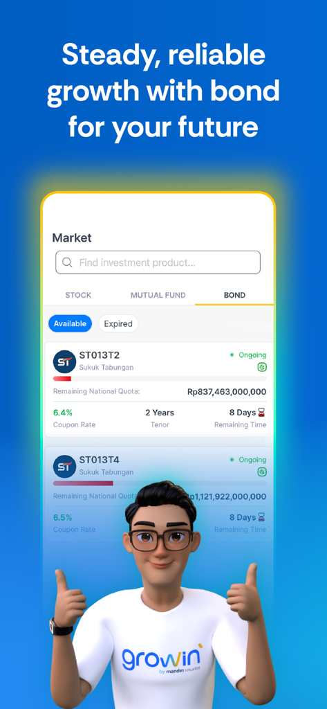 Growin app interface showing Indonesian bond and Sukuk investment products