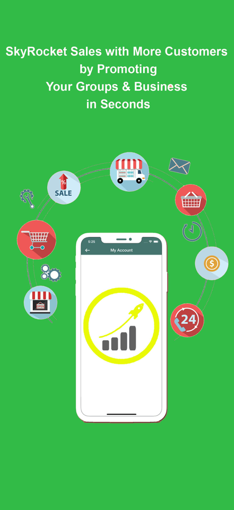 Función de la aplicación que explica cómo promocionar grupos de negocios y de WhatsApp para aumentar las ventas