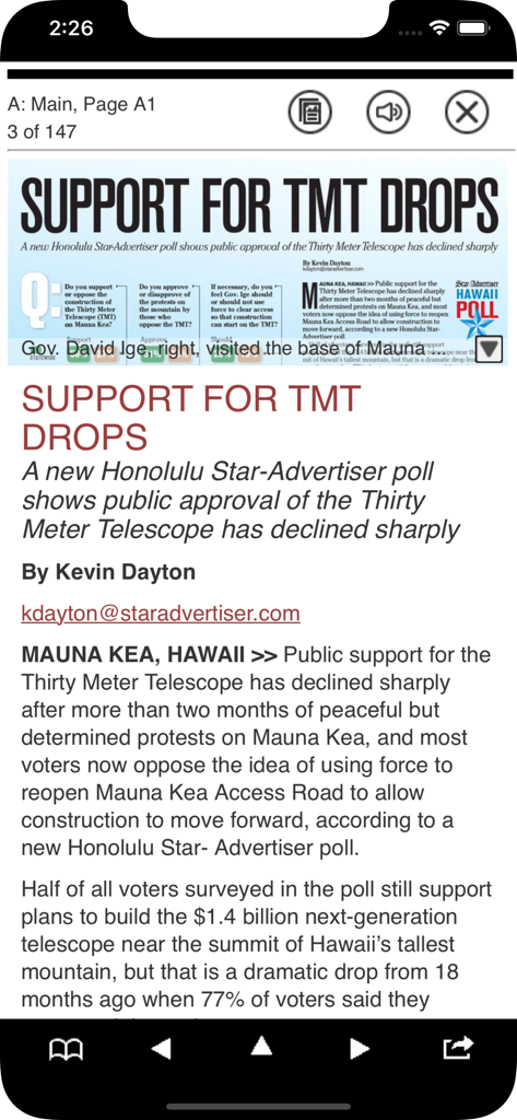 Honolulu Star-Advertiser mobile app interface displaying a local news article about Hawaii news
