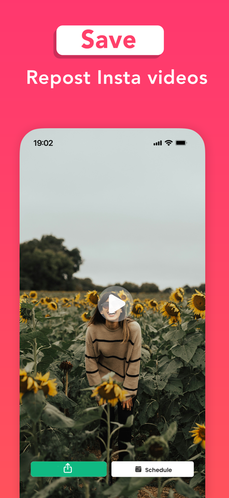 InSave : Video, Story Saver - Smartphone screen showing an Instagram video of a woman in a sunflower field with options to save and schedule a repost.