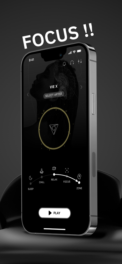 VIE Tunes - Focus,Sleep,Relax - Interfaccia dell'app mobile VIE Tunes che mostra la modalità di concentrazione per la neuro musica.