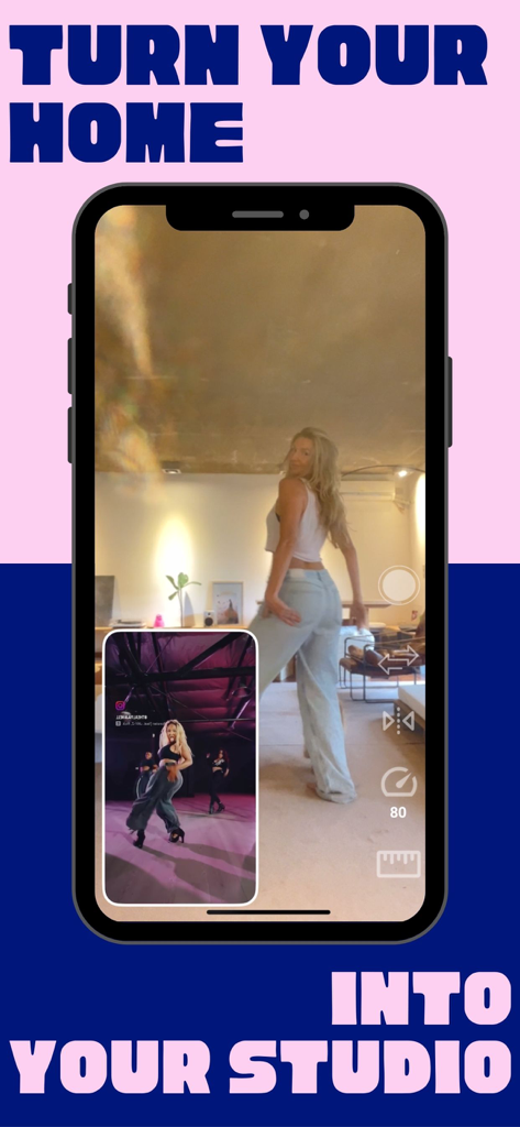 MOVZ: Learn any dance at home - Interfaz de la aplicación MOVZ mostrando a una mujer practicando baile en casa con una superposición de video tutorial