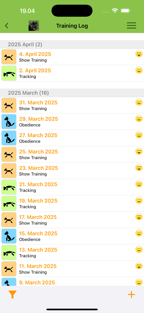 Screenshot of the DogScroll app showing a training log with multiple logged activities and dates