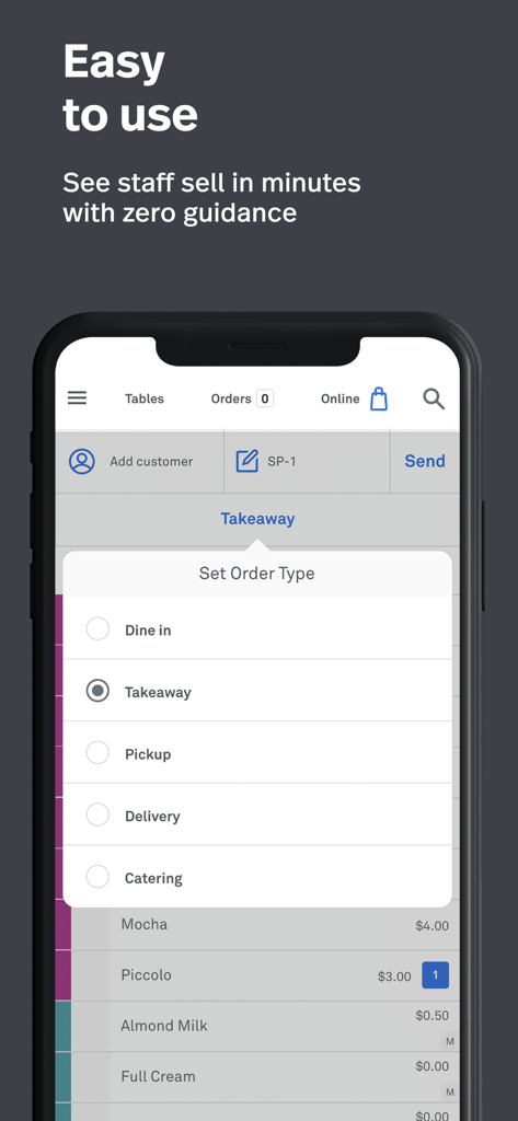 Bildschirm eines Smartphones mit der Lightspeed Restaurant POS-App und einem geöffneten Menü zur Auswahl des Bestelltyps wie 'Dine-in' oder 'Takeaway'.