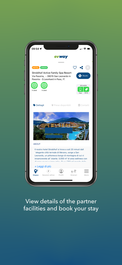evway - Car Navigator eMX - evway app showing hotel partner details and electric vehicle charging station information
