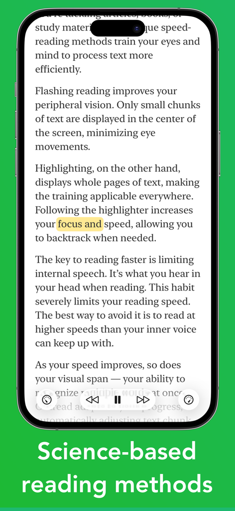 Outread app interface demonstrating science-based reading methods and highlighting mode on an iPhone